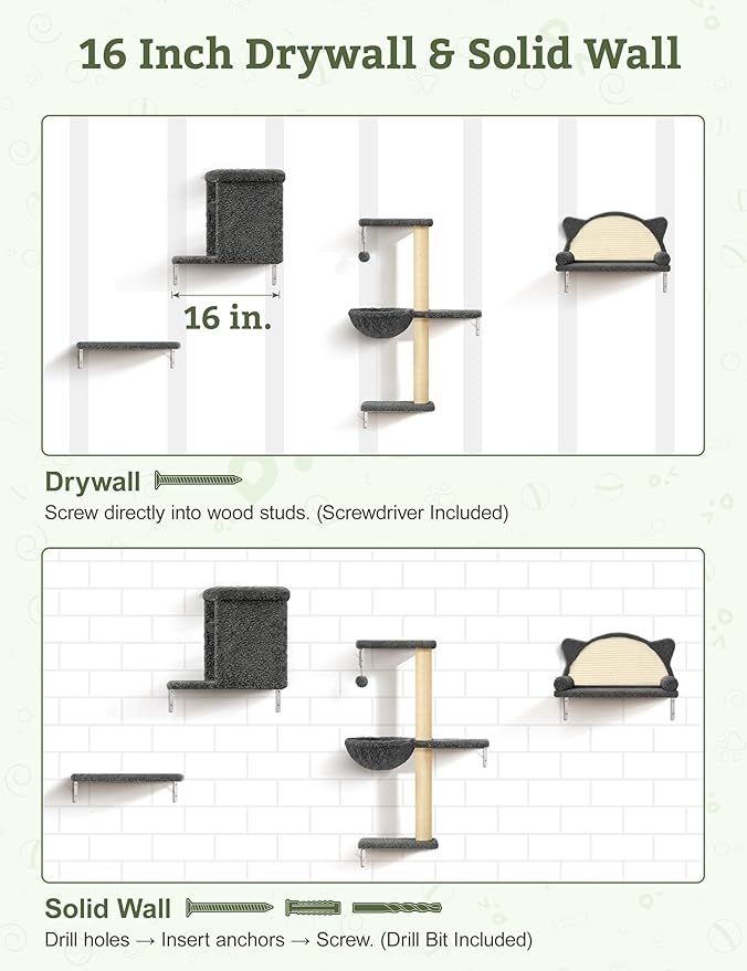 5-in-1 Cat Wall Shelves, Solid Wood & Velvet & Sisal Scratcher, 44lbs Max Load, Wall Mounted Cat Furniture for Climbers, Cat Climbing Wall System, Fits Drywall & Solid Walls - Dark Gray
