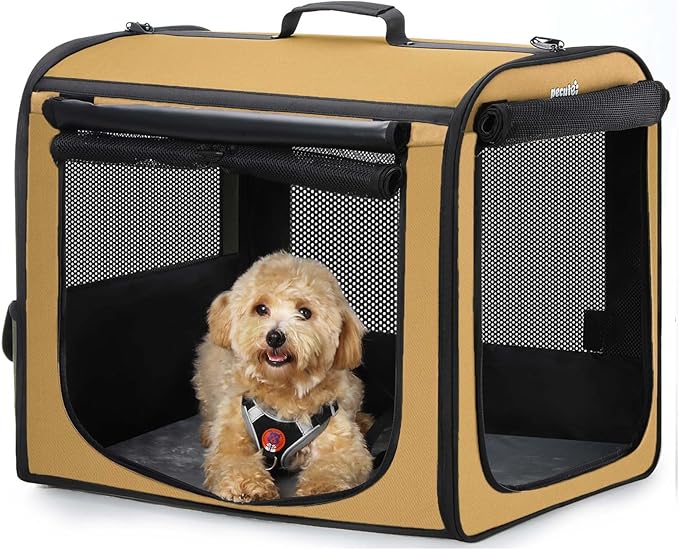 Dog Car Carrier Light Weight 24×17.7×20.5 in, Dog Carrier Easy to Assemble, Dog Car Crate Portable and Breathable, Foldable Pet Carrier for Indoor and Outdoor Use, Dogs Travel Crate with Curtain Brown