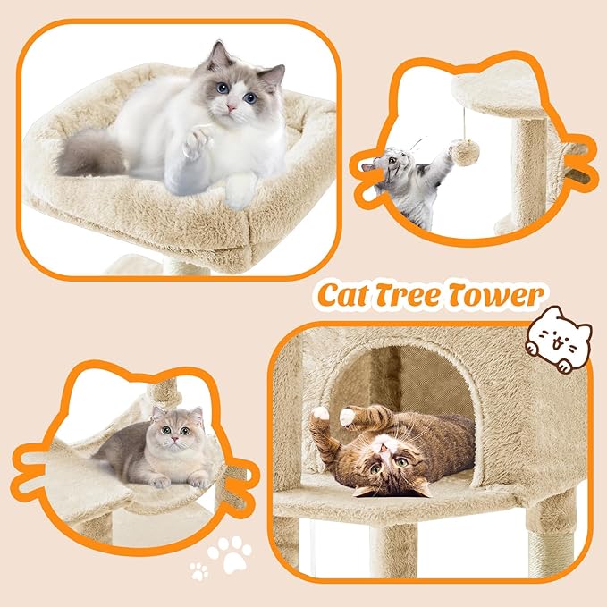 Cat Tree Tower 44 Inch, Small Cat Tower with Condo, Hammock, Sisal Scratching Posts, Extended Perch, Pet Play House for Indoor Kittens and Cats, Beige