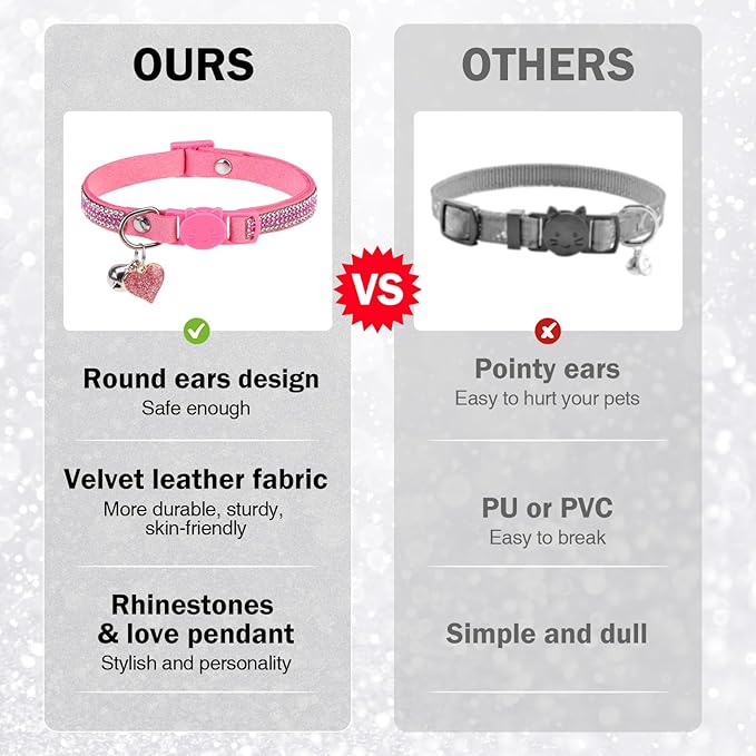 Rhinestone Cat Collar Breakaway with Bell Safety Buckle, 2 Pack Bling Diamond Kitten Collar for Gril Cats, Soft Velvet Female Cat Collars Adjustable 8-12 Inch, Pink