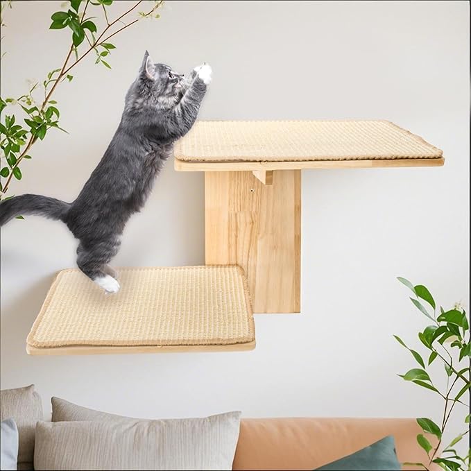 Cat Wall Shelves, Wall Mount Adult Cat Tree with 2 Steps 2 Sisal Scratch Mats, Solid Wood Kitten Bed Pet Climber for Indoor Play, Climb, Jump, Nap, Rest