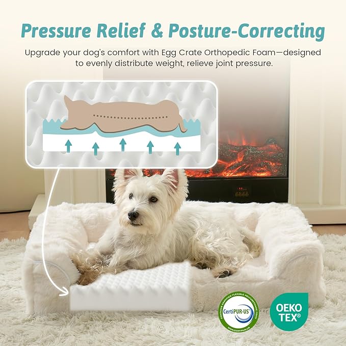 Faux Rabbit Fur Orthopedic Dog Bed, Dog Bed for Medium Size, Supportive Foam Pet Sofa with Waterproof Lining Cover, Washable U-Shaped Pet Couch with Anti-Slip Bottom, Beige M 30x20x6.5 inch