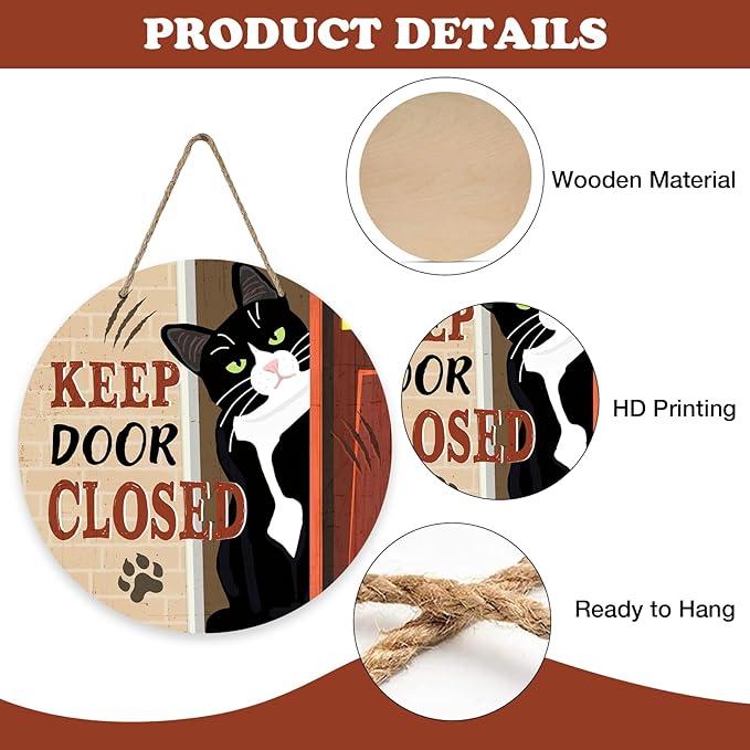 Keep Door Closed Tuxedo Cat Front Door Sign, Funny Wood Hanger Bedroom Porch Decor Pet Owner Lover Gift, Beware of Cat Wooden Wreath Indoor Wall Hanging Home Office Decoration