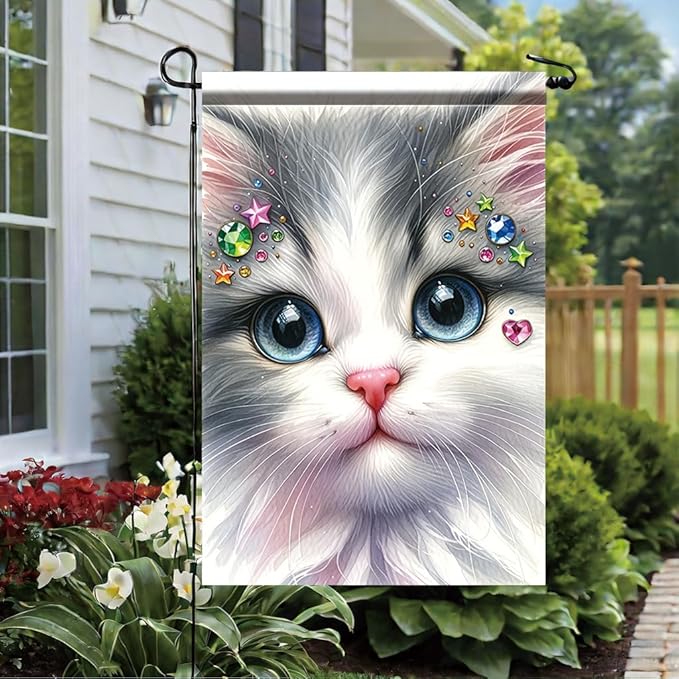 Cute Kitty Garden Flag 12x18 Inch Bling Rhinestone Cat Face Banner Double Sided Kitten Yard Decor for Cat Lovers, Spring Summer Outdoor Decoration