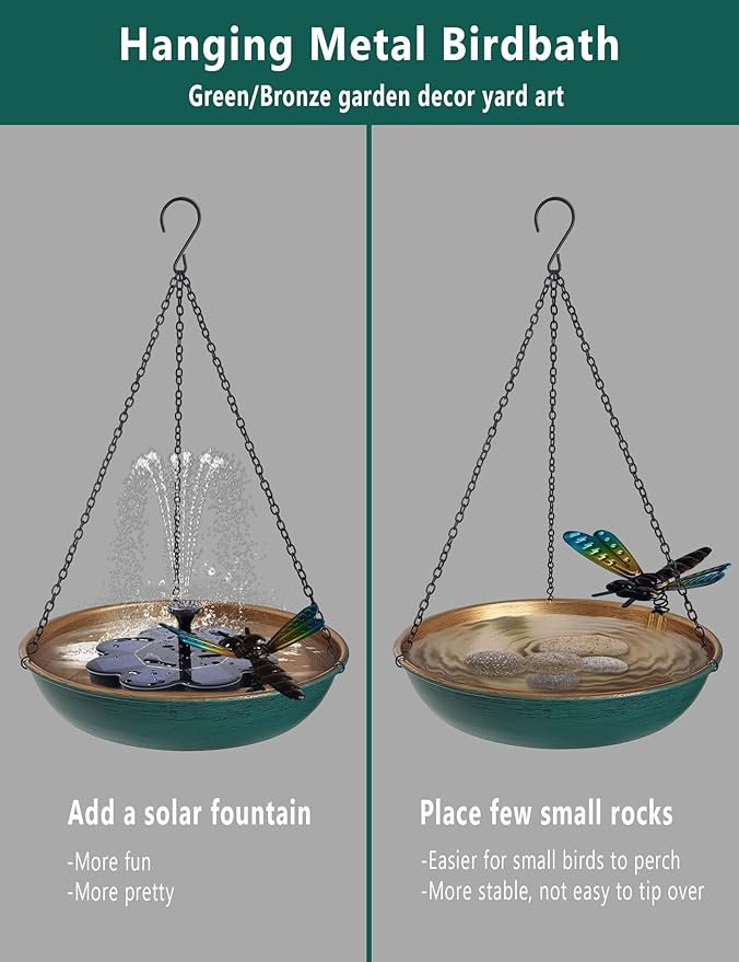 Hanging Birdbath Bird Feeder for Outdoor 11 Inch Green/Bronze Cute Metal Bird Bath Bowl with Detachable Black Chain Metal Dragonfly Backyard Birdbath Garden Decor