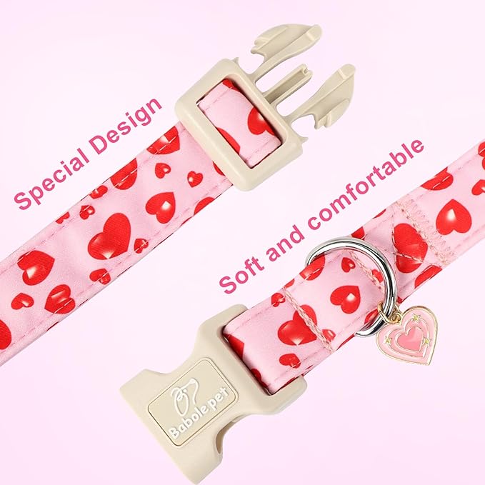 Valentines Dog Collar, Cute Pink Dog Collar with Red Heart Printed, Comfortable Girl Puppy Collar with Quick Release Plastic Buckle, Medium