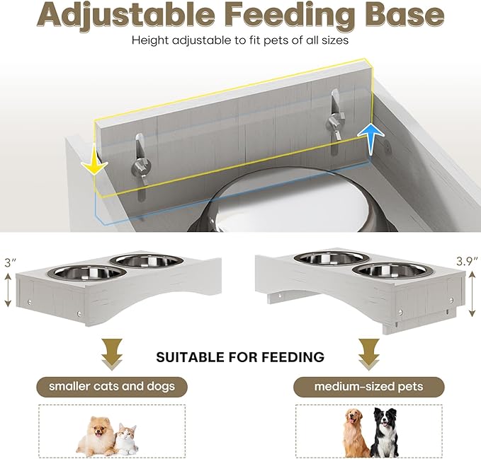 Flip-Top Dog Feeding Station, Dog Food Cabinet with Storage, Dog Food Station with Hidden Feeding Bowls, Pet Storage Cabinet, Dog Storage Organizer, Pet Food Holder, Black Oak Grain