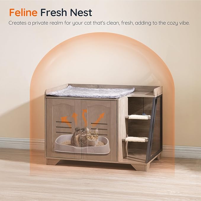 HOOBRO Cat Litter Box Enclosure with Ladder, Hidden Litter Box Furniture with Rechargeable 3-Color LED, Plush, Teaser Balls, 31.5" L x 18.9" W x 22.4" H, All-in-One, Black and Greige BG48MW01G1