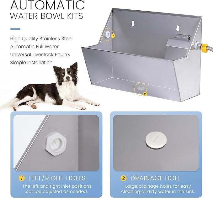 Automatic Water Dispenser for Dog,2.1 Gallon Dog Water Bowl Dispenser for Outdoor,304 Stainless Steel Automatic Pet Waterer for Cat Chicken Livestock (Drainage Hole)