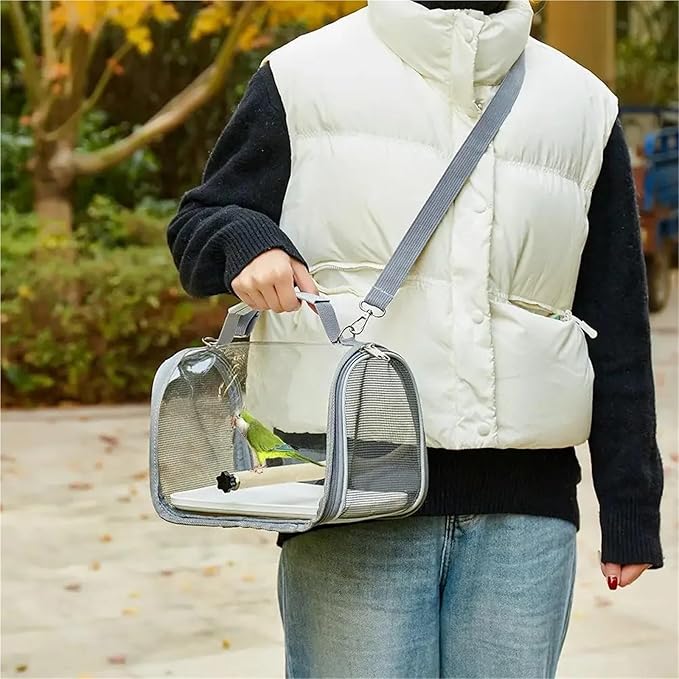 Portable Bird Travel Carrier for Small Birds and Parrots - Wooden Cage with Side Perch, and Mesh Window Accessory