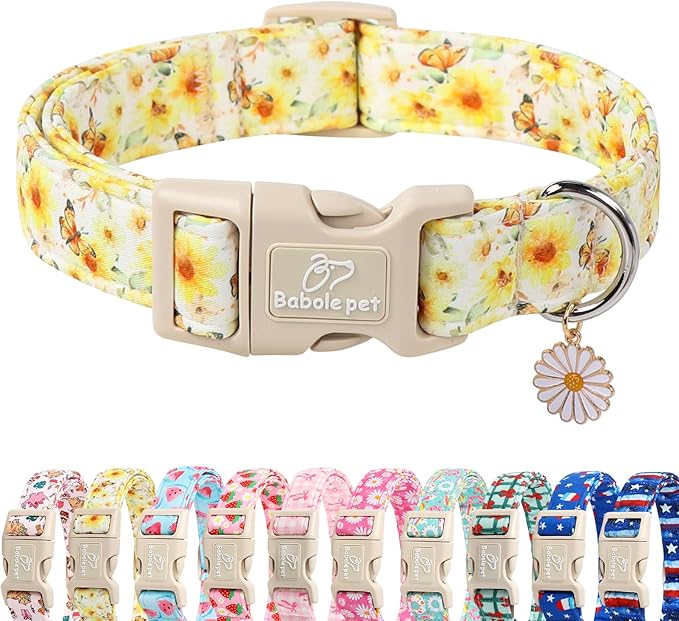 Adjustable Floral Dog Collar, Yellow Sunflower&Butterfly Dog Collars for Giant Large Dogs, Lightweight Quick-Release Buckle Collar for Boy&Girl Dogs XL