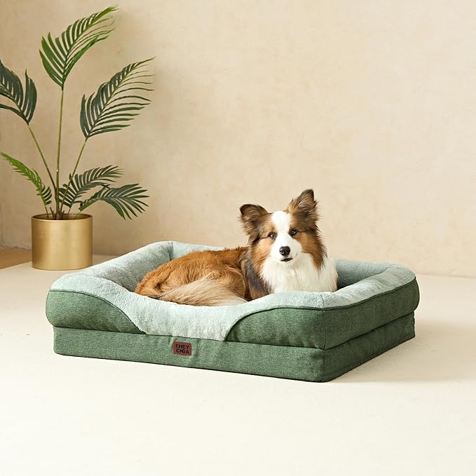 EHEYCIGA Orthopedic Dog Bed for Large Sized Dog, 36x27x7 Inch Large Memory Foam Dog Couch Bed with Sides, Waterproof Liner & Washable Removable Cover, Bolster Pet Sofa, Green