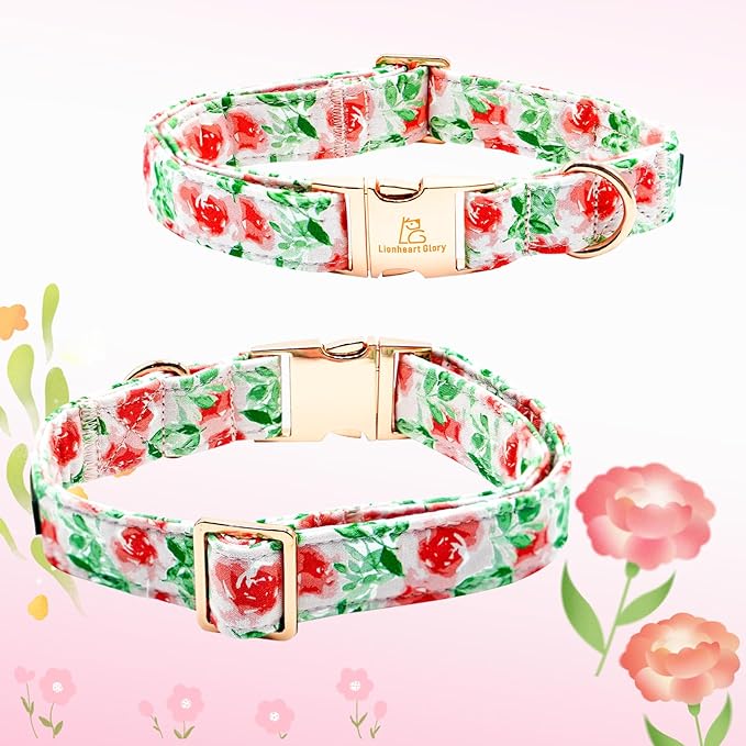 Lionheart glory Dog Collar Flowers Collar Floral Dog Collar with Flower Spring Summer Cute Collar Dog Boy or Girl Dog Collars Soft Durable Adjustable Dog Collars for Small Dogs, Red Roses