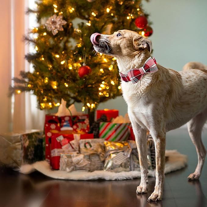 Dog Collar, Christmas Dog Collar Plaid Pet Collar Bow Holiday Bows Girl Boy Puppy Collar Adjustable Pet Collar for Large Dogs