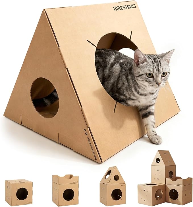 Modular Cardboard Cat Condo System, Triangle Cat Tunnel Module, Foldable Stackable DIY Cat House for Indoor Cats