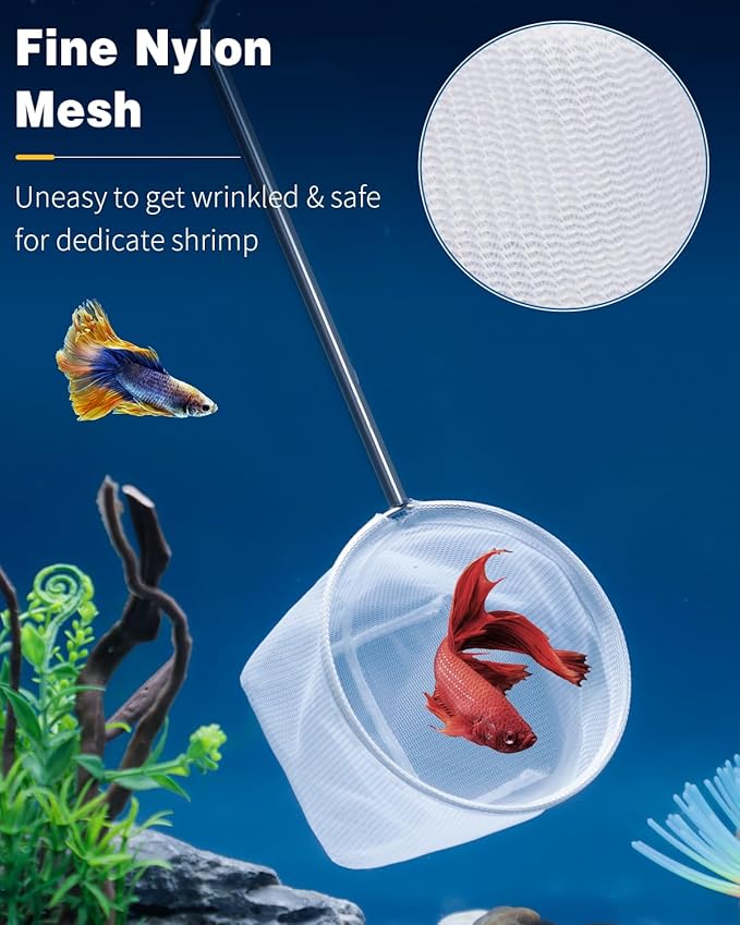 Pawfly Aquarium Shrimp Net 4 Inch With Long Extendable Stainless Steel Handle & Small Soft Round Fine Mesh for Baby Fish, Food Residue Debris Skimming Tool for Tank & Pond