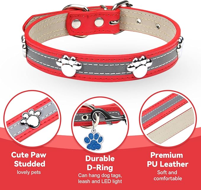 PETCARE Reflective Dog Collar with Cute Paw Rivet Studded Funny Soft PU Leather Adjustable Puppy Dog Collars for Small Medium Large Dogs Cats (Red,Small)
