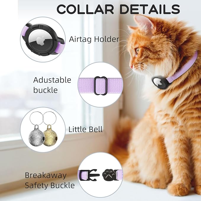 AirTag Cat Collars, Stretchy Collar with Apple AirTag Holder and Bell, Breakaway Ultra Design Elastic GPS Tracking Collars for Cats and Puppies, (7.5-12.5 Inch), Purple