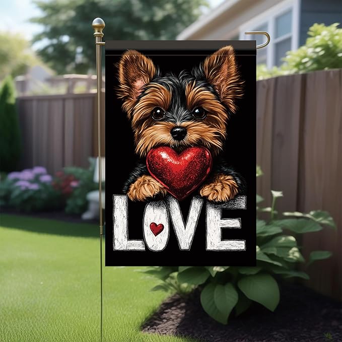 Cute Kasha Dog Garden Flag Holding Red Heart Love Sign Double Sided Yard Banner 12x18 Inch Romantic Outdoor Decoration for Lawn Patio Dog Lover Gift Valentine Anniversary Seasonal Flag