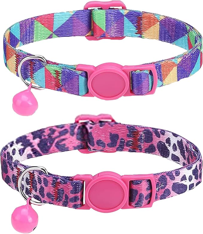 SOLMOONY Cute Cat Collar for Girl Boy,Colorful Breakaway Cat Collars with Bell 2 Pack，Adjustable Printed Nylon with Safety Buckles Kitten Collar (Leopard Print)