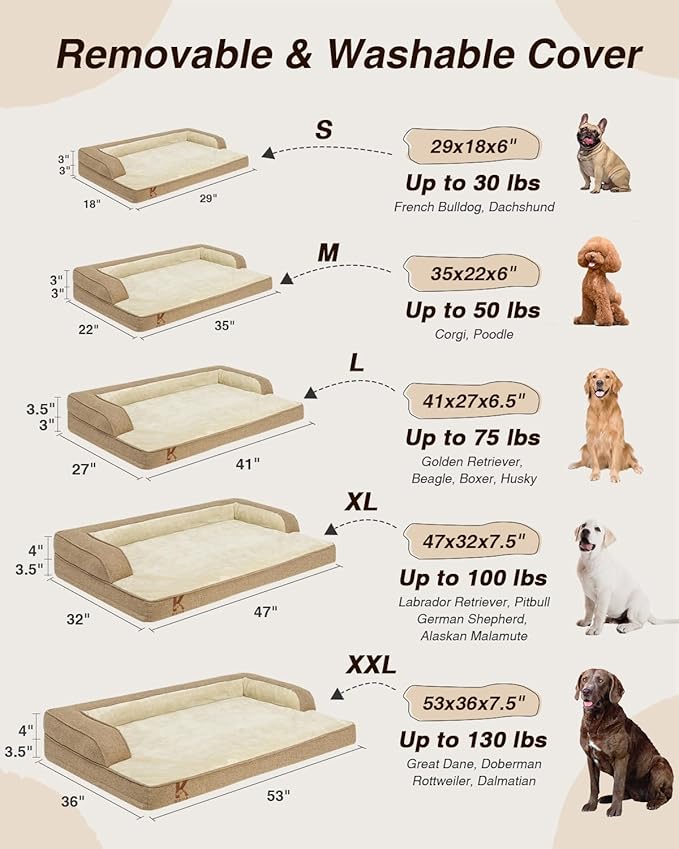 KSIIA Washable Dog Bed Medium Size Senior Dog, Orthopedic Warm Soft Pets Sofa Waterproof Pet Couch with Sides, Non-Slip and Egg-Crate Foam Beds with Removable Cover, 29x18Inch, Brown