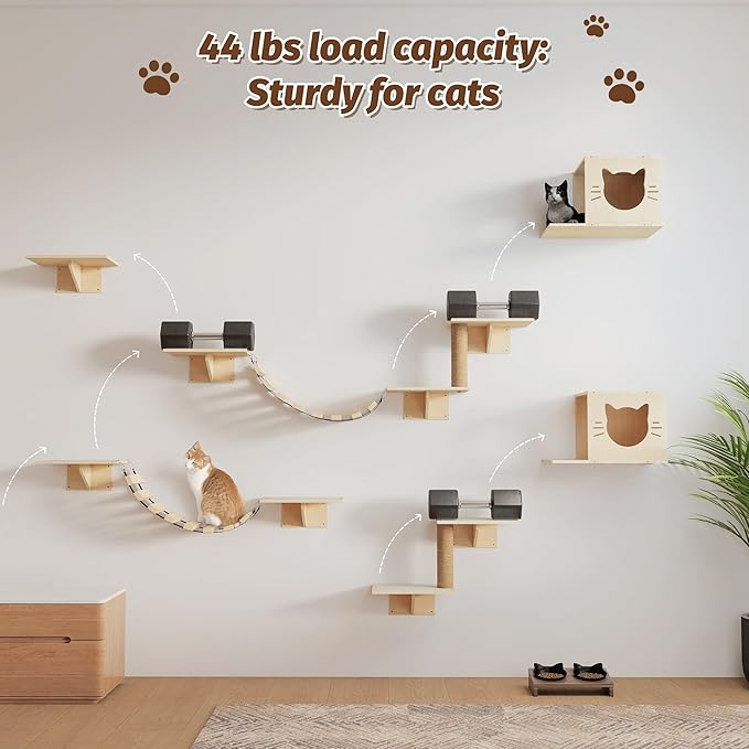 12-Pc Cat Wall Shelves, Cat Wall Furniture Set with Cat Bridge & Scratching Post, Large Wall Mounted Cat Tree Activity Center, Cat Climbing Wall for Indoor Cats Sleep & Scratch, Natural Pine