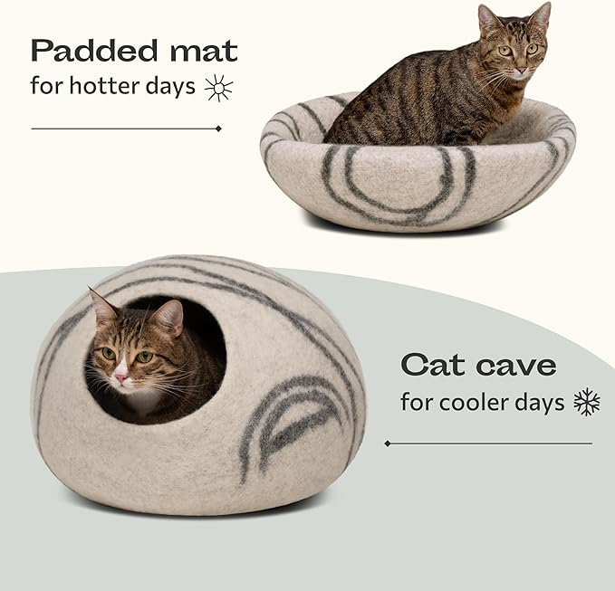 MEOWFIA Cat Cave – Premium Felt Cat Bed for Indoor Cats, Handmade Merino Wool (Light Grey, Large)