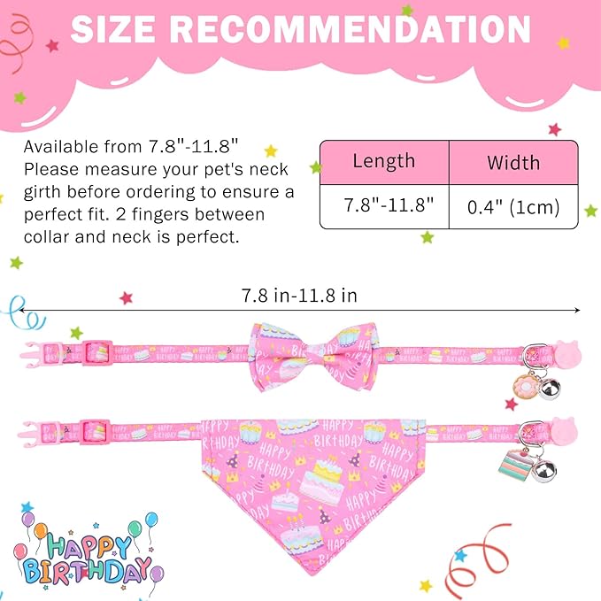 SCENEREAL Cat Bandana Collar for Birthday - 2 Pack Breakaway Kitten Collars With Bell Bowtie, Accessories for Pets, Adjustable Cute for Cats and Small Dogs Boys Girls, (Pink)