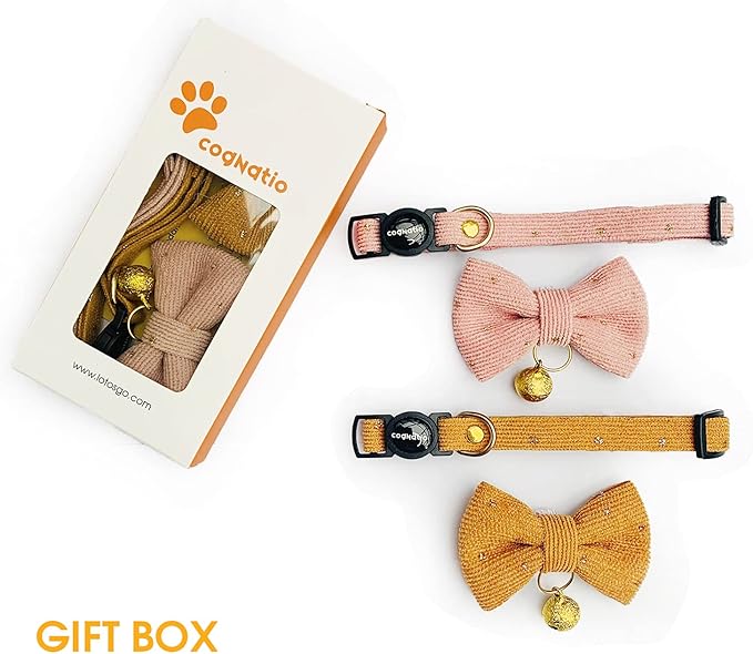 Safety Quick Release Cat Collars, Soft Kitten Collars with Detachable Bow Tie and Bell, Pack of 2, Adjustable 20-30 cm