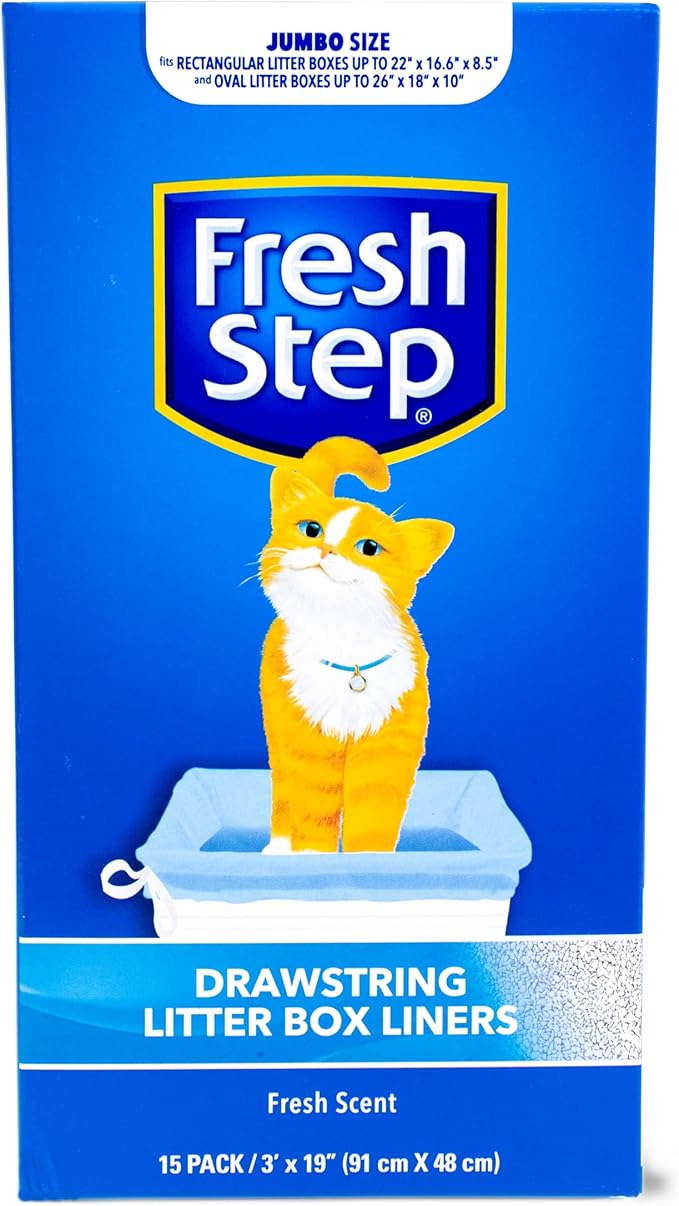 Fresh Step Jumbo Drawstring Cat Litter Box Liners, Scented Heavy Duty Kitty Litter Bags for X-Large Oval or Rectangle Pans, Helps Contain Mess for Easy Lift Out Cleanup, 36 x 19 in, 15 Count - 12 Pack