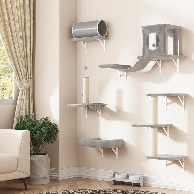 7-in-1 Cat Wall Shelves, Wall Mounted Cat Climber Set, Cat Furniture with House, Tunnel, Bridge, Steps, Scratcher, Hammock, Shelves for Indoor, Gray