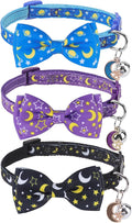 SCENEREAL Breakaway Cat Collar with Bell, 3 Pack Safety Adjustable Cat Collars with Pendant, Spring Summer Personalised Puppy Kitten Collar with Bowtie for Boys Girls, Star and Moon Elements