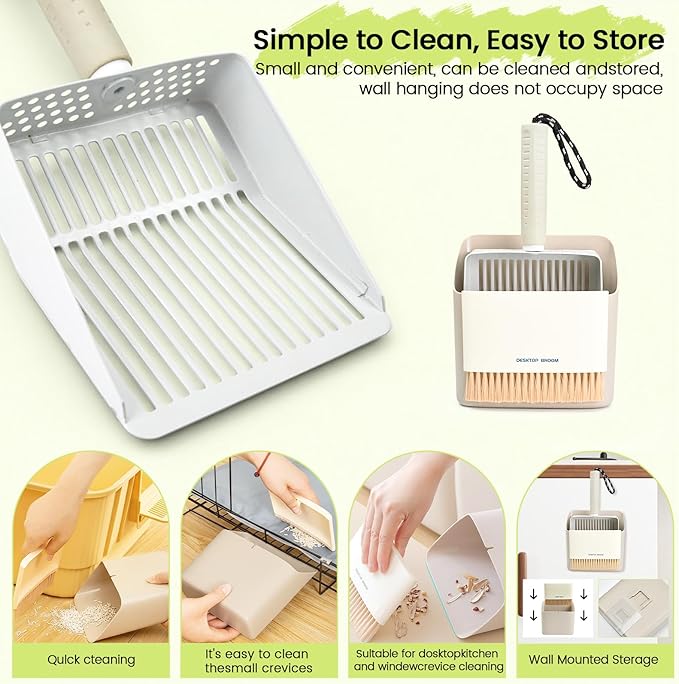 Metal Cat Litter Scooper with Holder, Stainless Steel Metal Litter Scoop Includes Portable Small Broom and Dustpan Set, Speed Sifter Cat Litter Scoop Captures All Clumps, Non-Slip Handle, Easy Clean