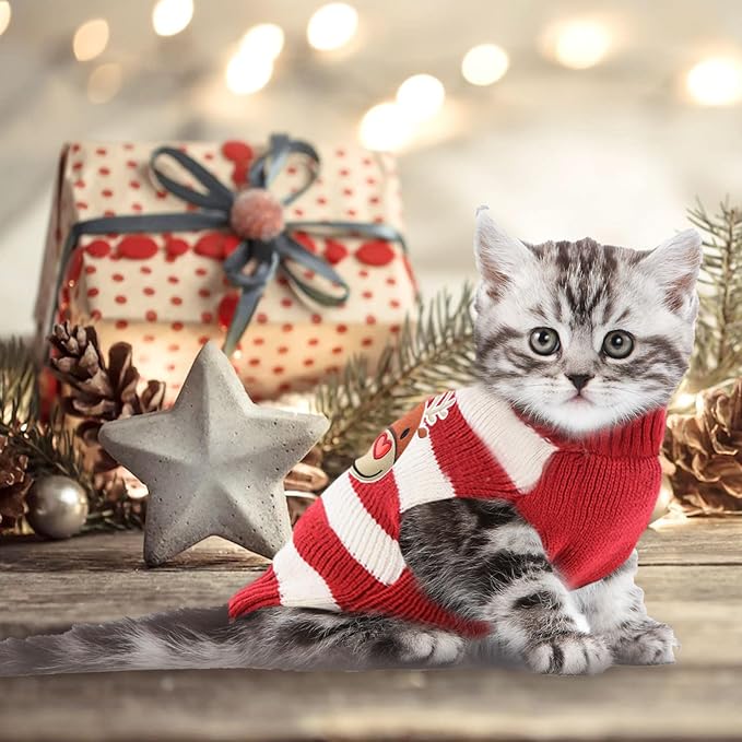 Dog Christmas Sweater Cute Striped Reindeer Xmas Pet Clothes Holiday Puppy Cat Costume New Year Gifts for Small Medium Large Dogs Jumpers (S, Red White Stripe Reindeer)