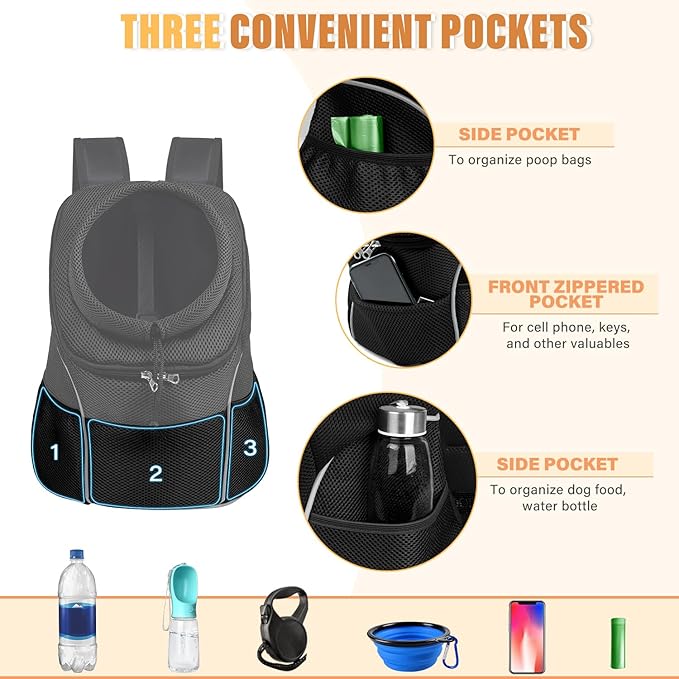 YUDODO Dog Front Carrier Backpack, Adjustable Breathable Pet Carrier for Small Dogs, Ventilated Puppy Back Pack with Safety Belt, Lightweight Doggy Backpack for Hiking Outdoor (Jet Black, M)