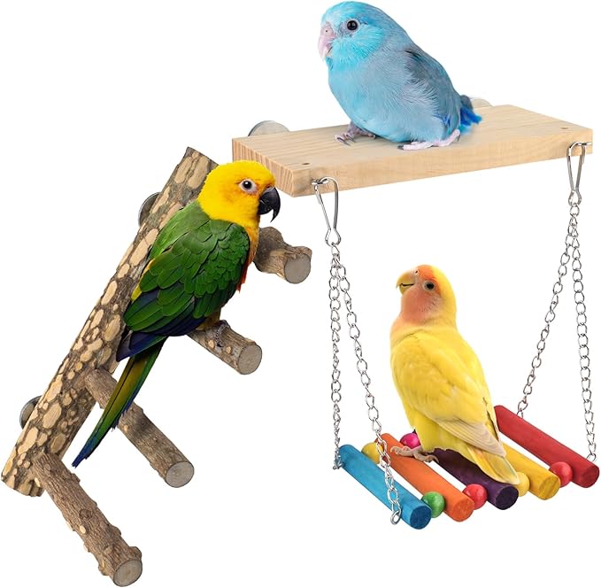 3in1 Bird Perch Toys for Parrots, Wooden Ladder Perch for Cage, Parrot Platform Stand Colourful Swing Hammock Climbing Bridge Exercise Cage Accessories for Budgies Cockatiels Lovebirds Hamster