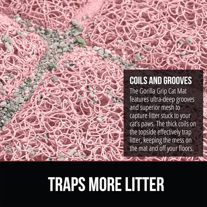 GORILLA GRIP Cat Litter Box Mat, 47x35, Water Resistant, US Designed Kitty Litter Trapping Mats, Easy to Clean, Scatter Control, Less Mess and Clean Floors, Kitten Supplies for Indoor Cats, Light Pink