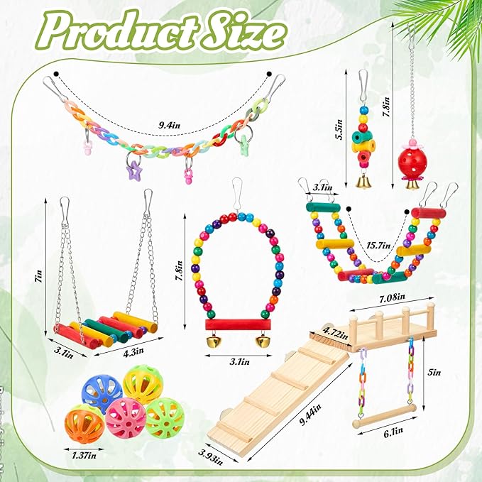 12 Pcs Parakeet Cockatiel Bird Toys, Bird Toys for Parakeets, Cockatiel Cage Accessories, Perches Parrot Ladders for Hanging Swinging Standing Chewing Climbing Training (Basic Style)