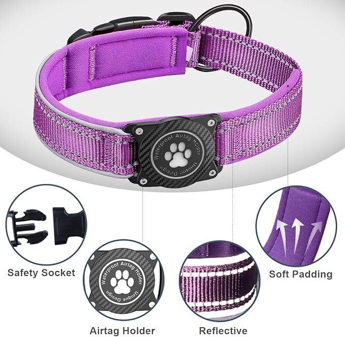 Airtag Dog Collar with Waterproof Air Tag Holder, Luminous Reflective, Soft Padded, Adjustable Nylon Pet Collar for Small Medium Large Heavy Duty Dogs,Purple, L