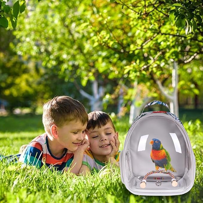 Bird Traval Carrier Cage, Clear Space Capsule Astronaut Backpack to Carry Parakeet Cockatiel Parrot with Metal Tray Wooden Perch and Bird Feeder, Vet Transport Book Bag Floral Printed