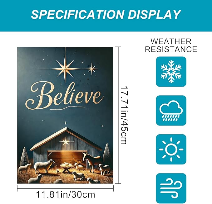 Christmas Nativity Garden Flag 12x18 Double Sided Believe Starry Night Stable Yard Flag Gold Text Blue Background Winter Outdoor Garden Decor Lawn Porch Patio Holiday Banner