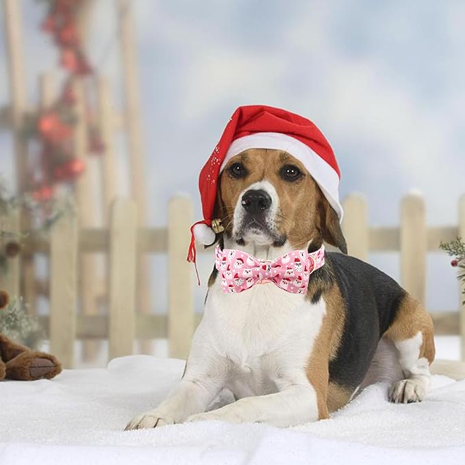 Dog Collar, Christmas Pink Santa Claus Cotton Pet Collar Bow Holiday Girl Boy Cute Puppy Collar Adjustable Pet Collar for X-Large Dogs