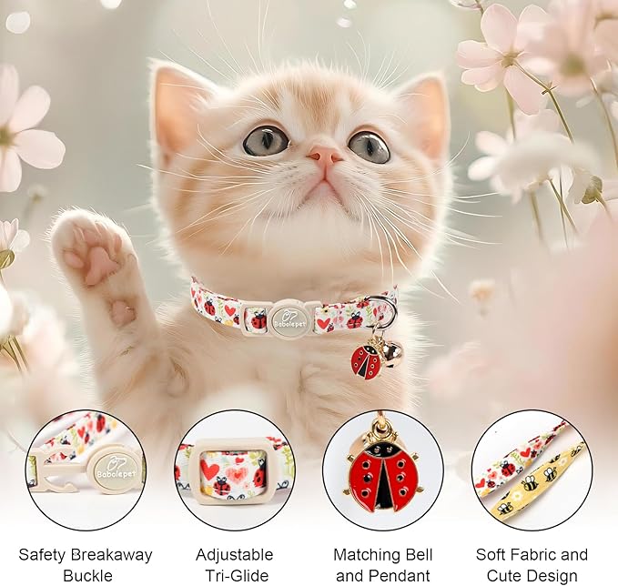 2 Pack Cute Cat Collars - Cartoon Bee Ladybug Breakaway Cat Collar with Bell & Matching Pendant, Adjustable Spring Summer Kitten Collars for Boy Girl Cats