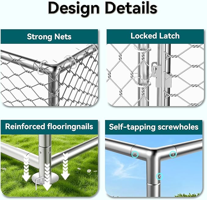 15.3'x15.3'Large Outdoor Dog Kennel Outside– Heavy-Duty Dog Enclosure with Wire Mesh Fence, Lock & Waterproof Cover for Large Dogs