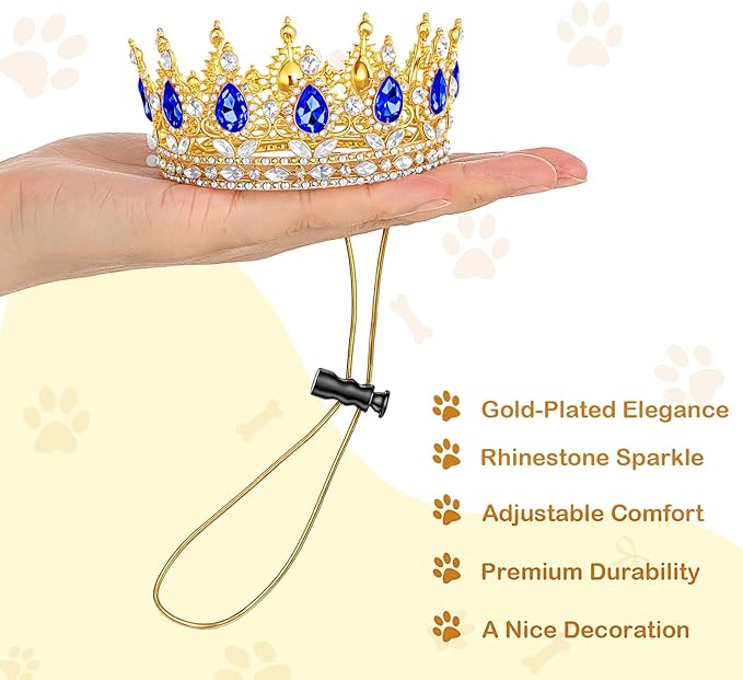 Abbylike Pet Rhinestone King Crown, Queen Crown for Birthday New Year Costume for Small Dog Cat Cosplay Party Accessories Adoption Celebration Wedding Birthday Photos Prop Costume(Blue,Medium)