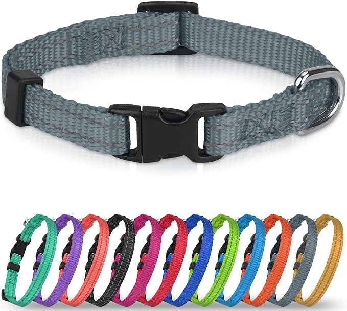 Joytale Small Dog Collar, Reflective and Adjustable Nylon Collar with Quick-Release Buckle, Lightweight No-Choke Design for Puppy and Extra Small Dogs, Gray, XS