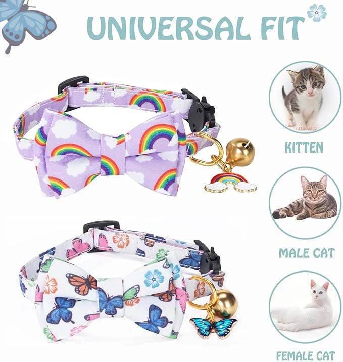 Breakaway Cat Collar with Cute Bow Tie Bell 2Pack Rainbow Butterfly Pattern for Male Female Soft Cotton Kitty Kitten Collar Cute Summer Collars Ideal for Girl Cats Boy Male Cats