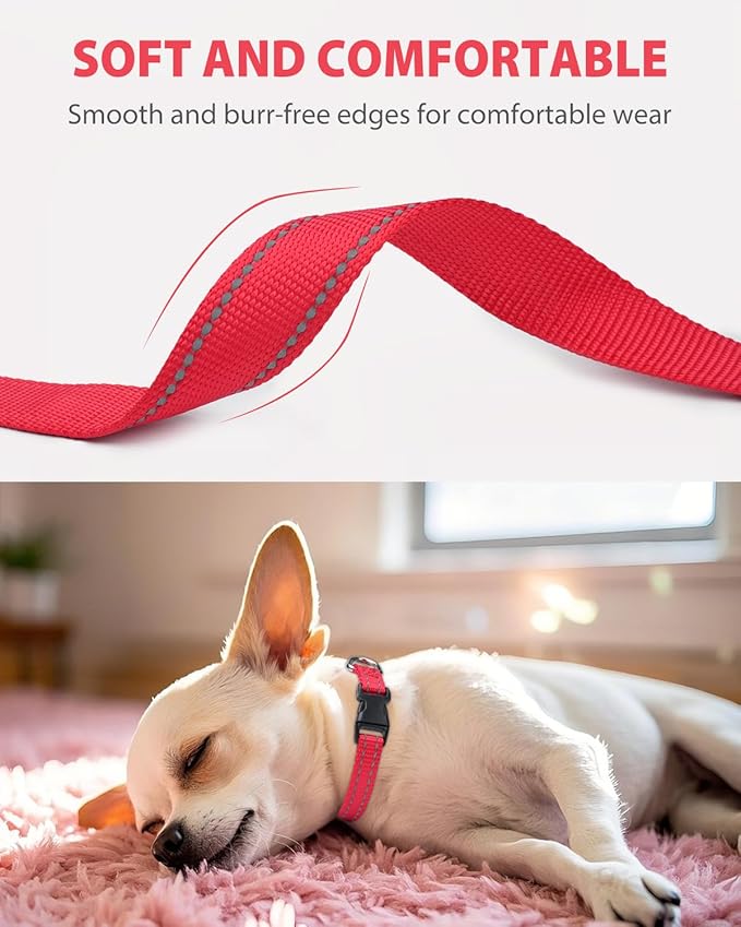 Joytale Small Dog Collar, Reflective and Adjustable Nylon Collar with Quick-Release Buckle, Lightweight No-Choke Design for Puppy and Extra Small Dogs, Red, XS