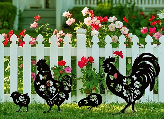 Metal Chicken Garden Decor for Outside, 4 Pcs Metal Chicken Yard Art, Decorative Garden Stakes Chicken Gifts for Chicken Lovers Woman/Man, Patio/Lawn Outdoor Chicken Decor, Chicken Garden Art