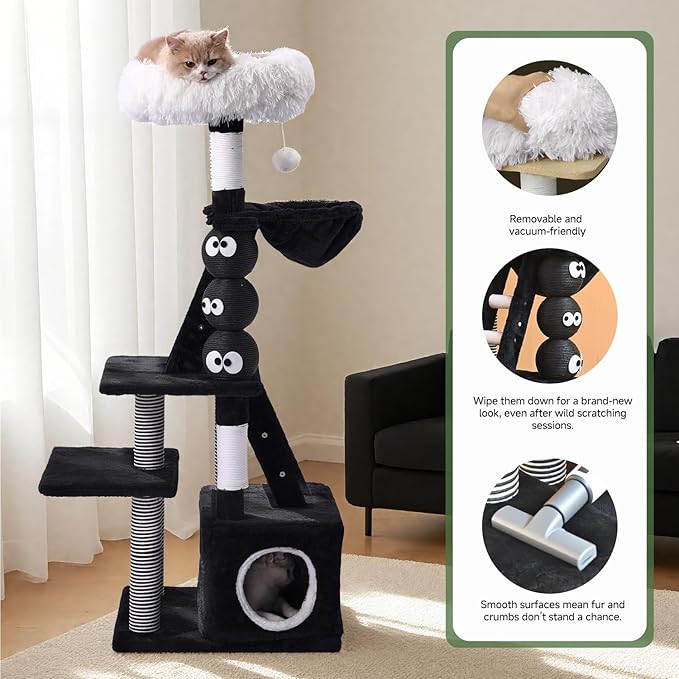 Cat Tree, 50.7in Multi-Level Cat Tower with Scratching Posts, Perch, Hammock and Hideaway condo, Indoor Cat Activity Center with Fun Cartoon Design, Black